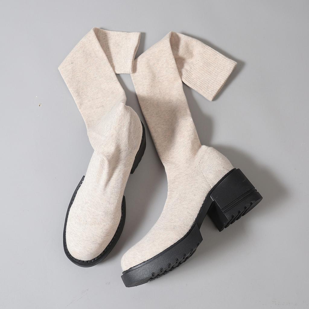 Winter Round Head Fly-Woven Thin Knee Boots Large Size Thick-Soled Medium Heel Elastic Thin Boots Women