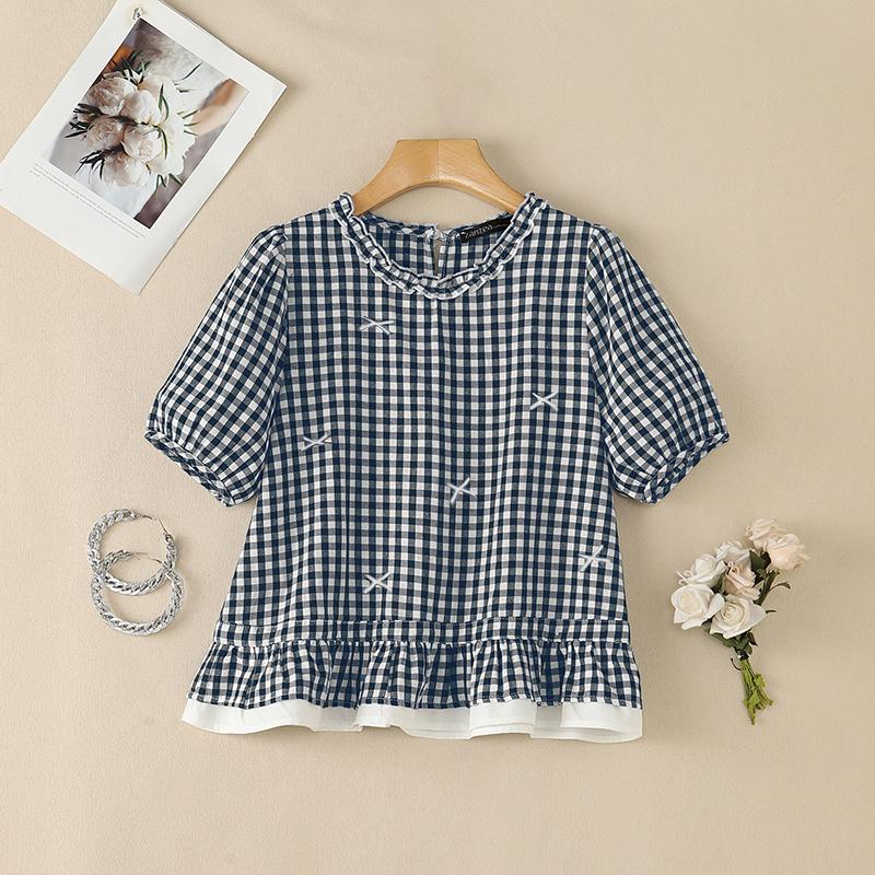 ZANZEA Dames Casual Blouse met Ruitjesprint, Ronde Hals en Korte Mouwen
