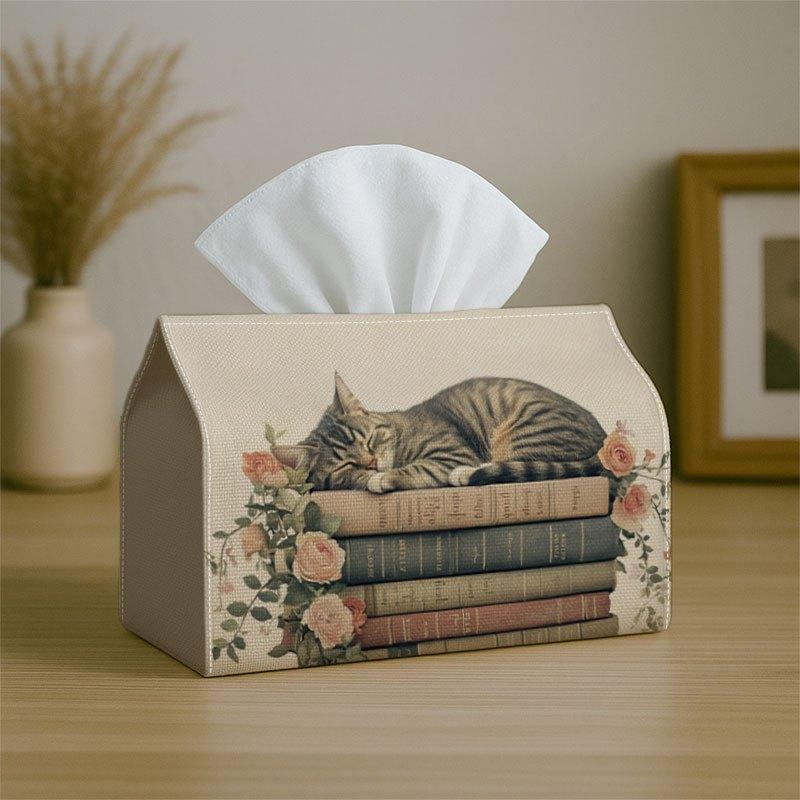 2D Flat 1pc Vintage Artistic Animal Decorative Tissue Box, Illustration Cat Books Floral Warm - for Home, for party, Kitchen & Bathroom - Tissue Holde
