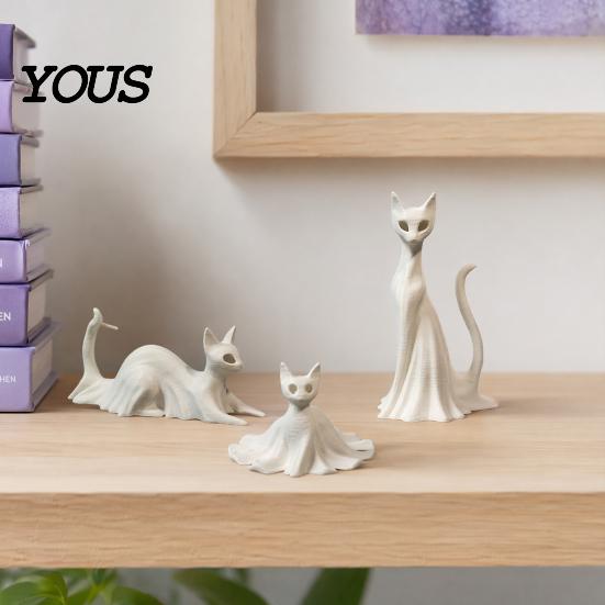 Odorless PLA Filament Decoration 3D Printed Cat Ghost Statues, Halloween Haunted Kitten Figurines with Hollow Eyes Detailed Carving Decor