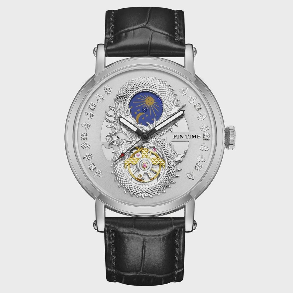 PINTIME Luxury Gold Stainless Watch Dragon Skeleton Mechanical Watch Men Moon Phase Tourbillon Wristwatch