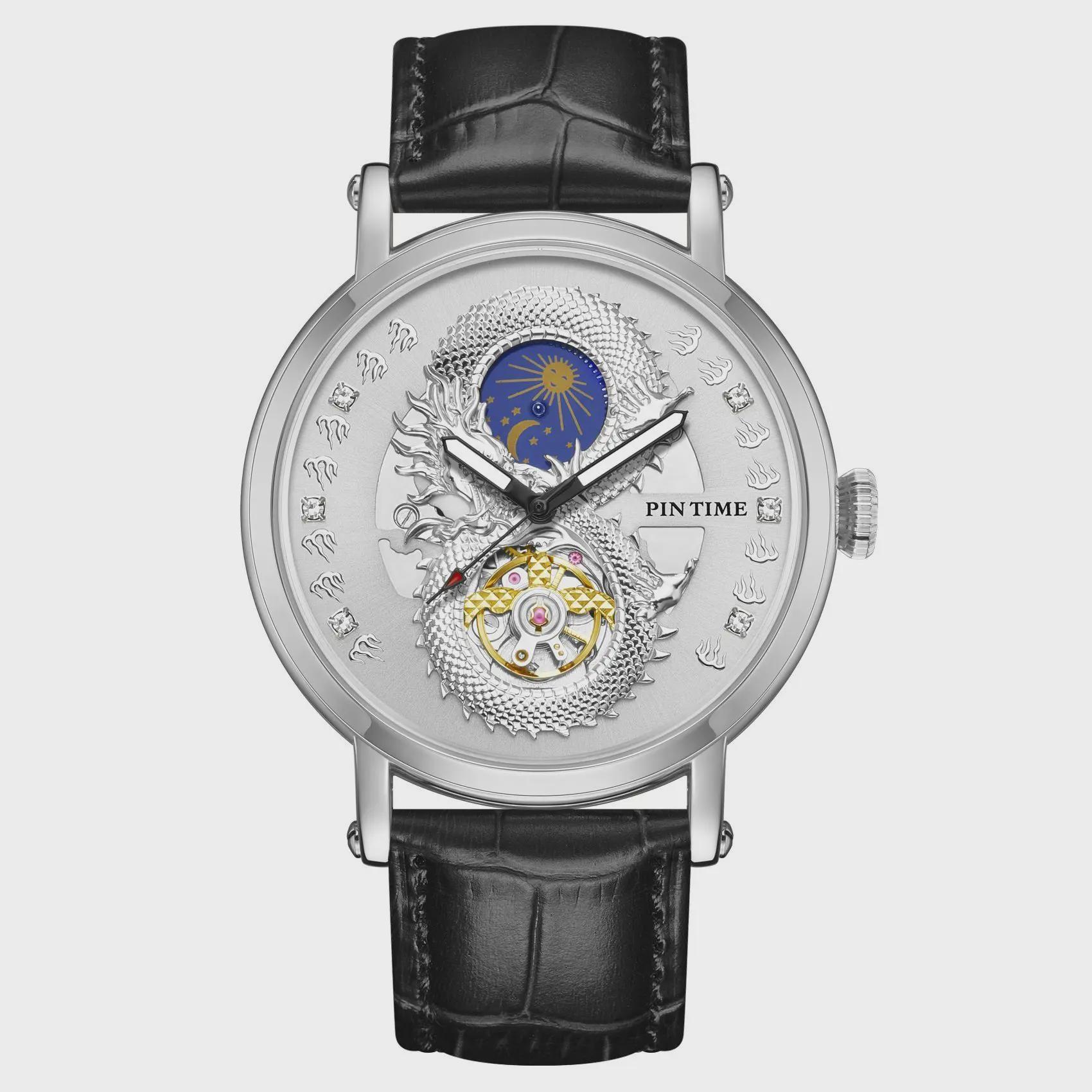 PINTIME Luxury Gold Stainless Watch Dragon Skeleton Mechanical Watch Men Moon Phase Tourbillon Wristwatch