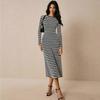 Gestreiftes knielanges langes Kleid, langärmeliges Rundhals-Strickkleid, figurbetontes langes Kleid