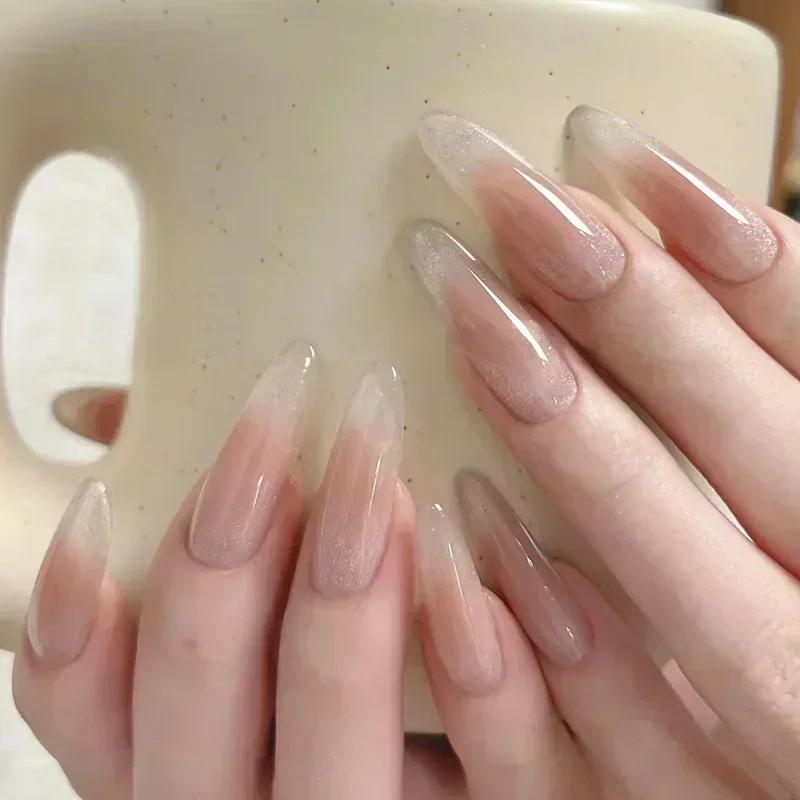 24Pc False Nails with Glue Almond Black Red Gradient Design Detachable Rhinestone Acrylic Fake Nail Long Stiletto Press on Nails