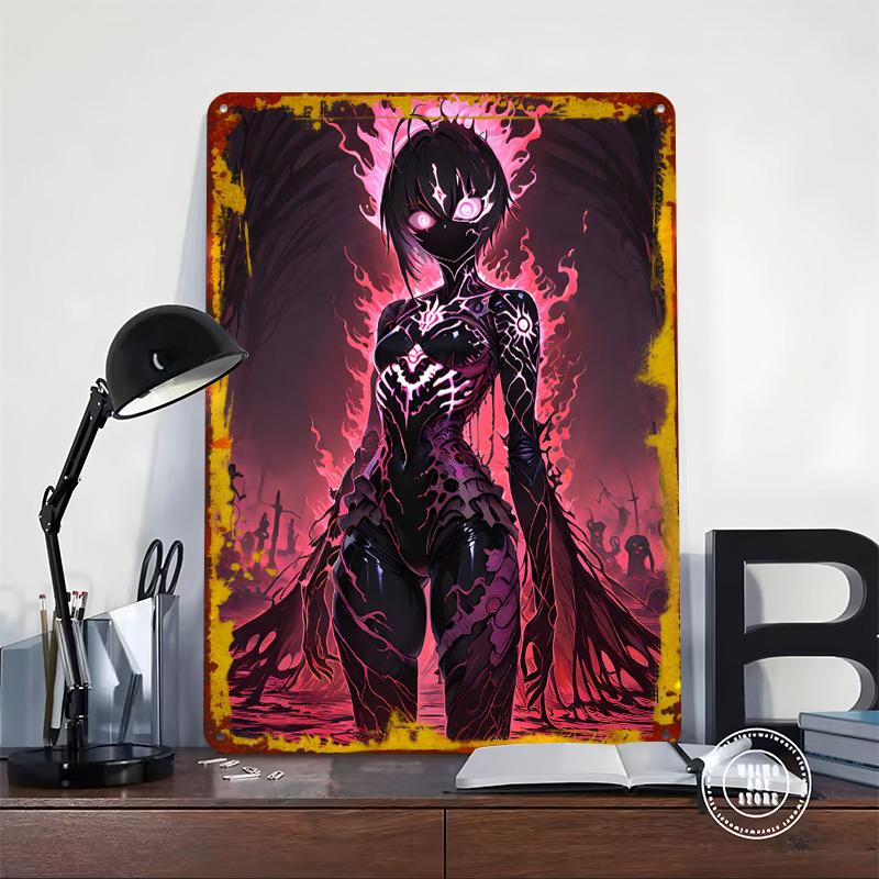 Eerie Anime Girl In Fiery Landscape Printed Poster Customized Wall Art Retro Vintage Metal Tin Signs for Living Room Decoration
