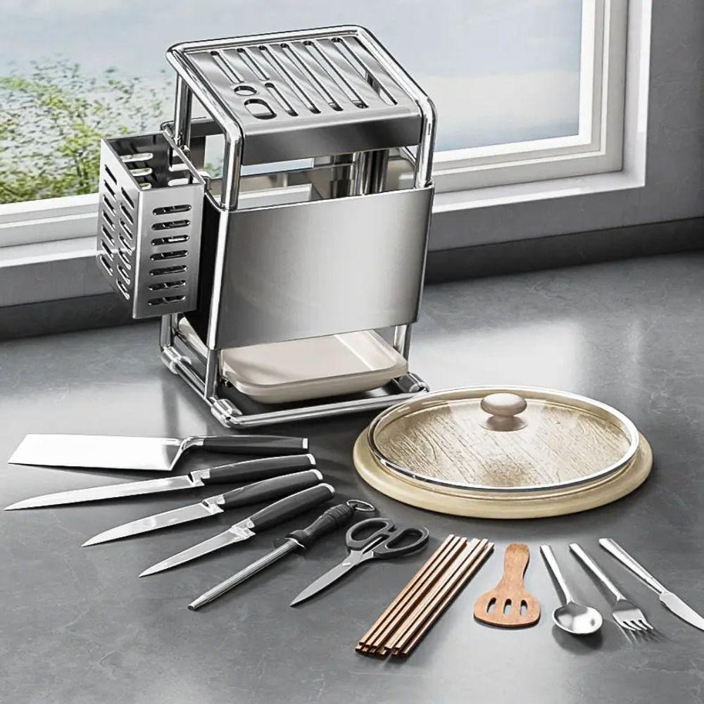 Multifunctional Kitchen Utensil Organizer Drain Tray Tool Storage Rack Cutter Holder  Household