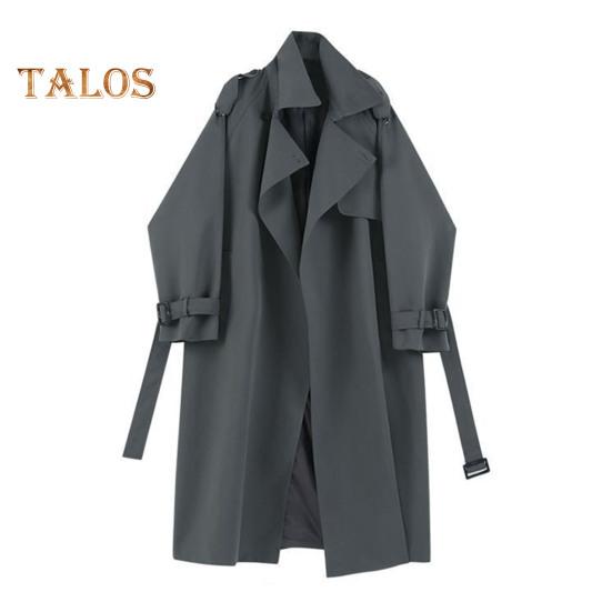 Women Windbreaker Turn-down Collar Loose Pure Color Coat Long Sleeves Belt Decor Overcoat Mid Length with Pockets Windproof Lady Jacket