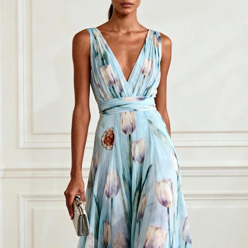 European Blue Tulip Print Sleeveless V-Neck Chiffon Long Gown - Elegant and Flowy Formal Dress for 2026 Banquets
