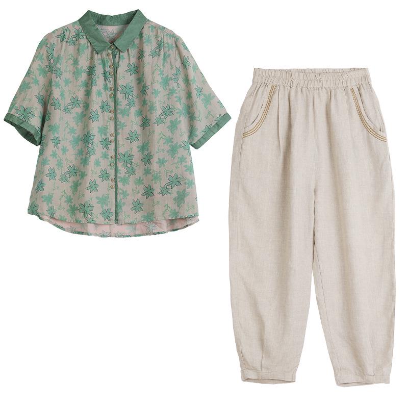 2025 Κορεάτικου Στυλ Μεγάλο Μέγεθος Αδυνατιστικό Ρετρό Δύο Τεμαχίων Βαμβακερό Λινό Καλοκαιρινό Κοστούμι για Γυναίκες