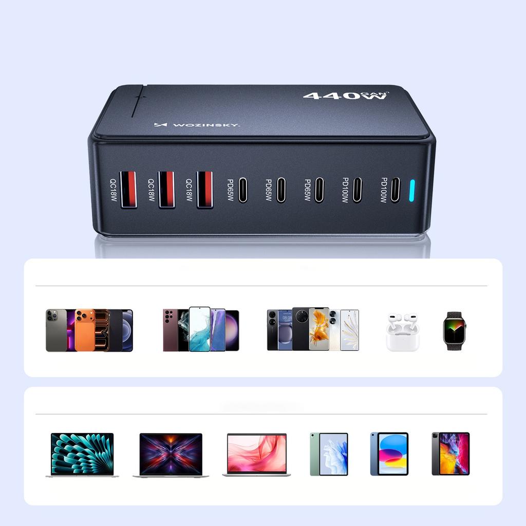 Desktop Charging Station 3x USB-A 5x USB-C GaN QC3 440W - Black