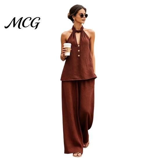 Versatile Women Outfit Summer 2 Piece Sets for Women, Halter V Neck Backless Top Breathable Fabric Suit And Wide Leg Pants Matching Set, Casual