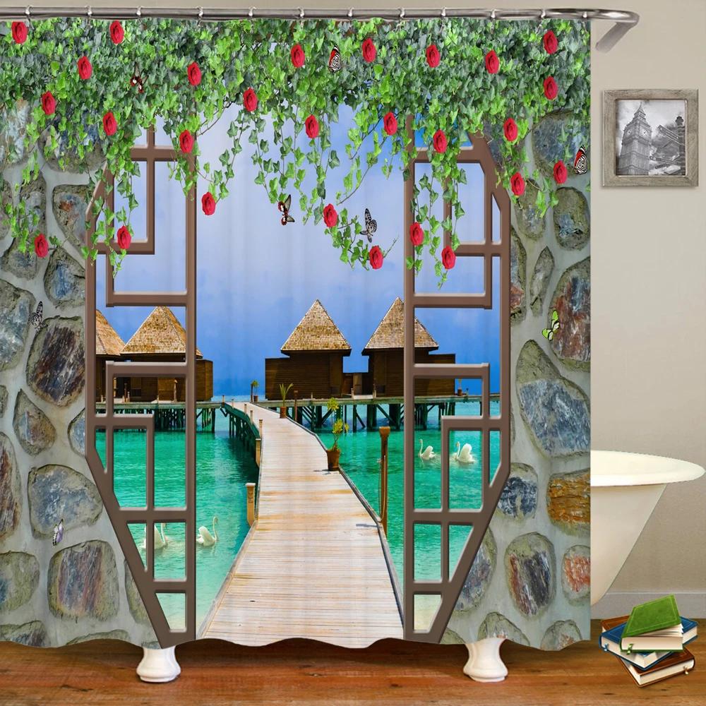 Badrum Vattentät Duschdraperi Polyester 3D Berg Trädgård Havssida Vacker Blomma Landskapstryck Hemdekoration Draperi