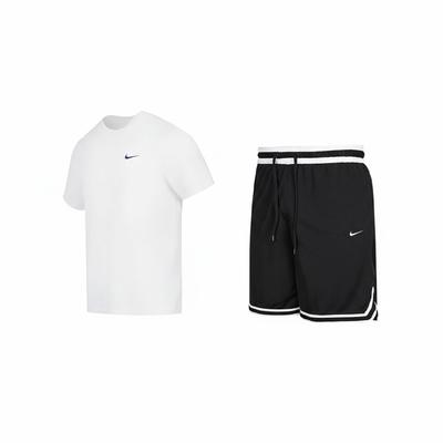 Logo Training Bequemes Rundhals Kurzarm T-Shirt Colorblock Strickshorts Lässiges Sportset Herrensets DV9840-100+DH7161-010