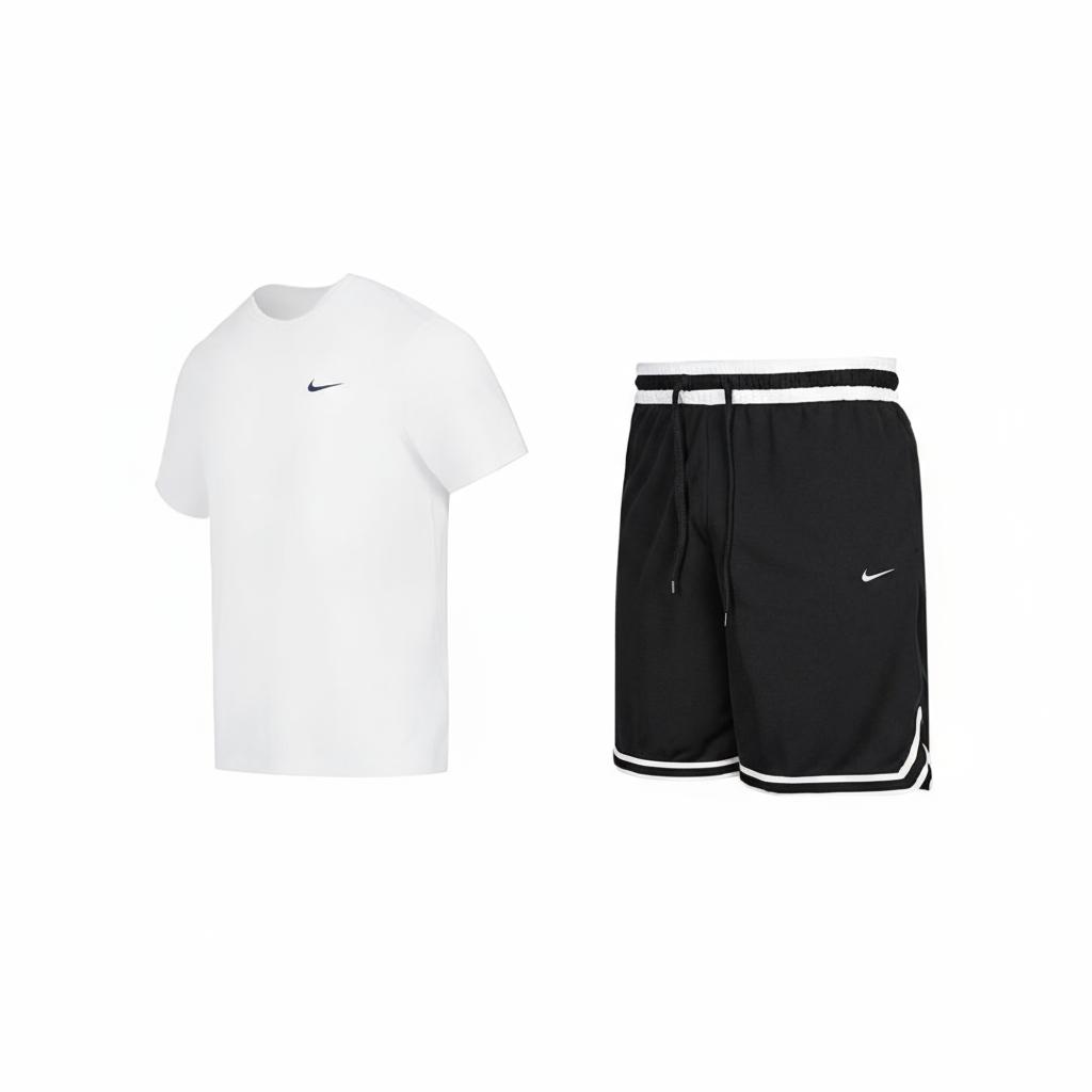 Nike Logo Training Bequemes Rundhals Kurzarm T-Shirt Colorblock Strickshorts Lässiges Sportset Herrensets DV9840-100+DH7161-010