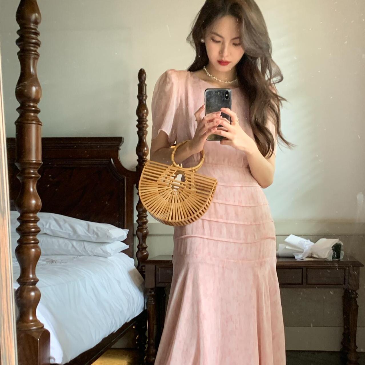 Elegant French Pink Chiffon Fishtail Dress for Women – Slim Fit, Waist-Cinched, Summer Goddess Style S