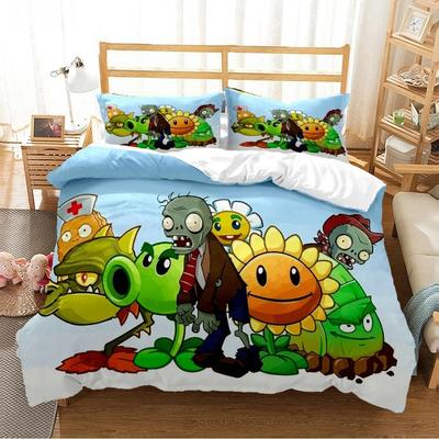 Conjunto de cama Plants vs. Zombies, tamanho EUA, Europa e Reino Unido, com estampa de desenho animado, capa de edredom, fronha e 2 a 3 peças para adultos e crianças.