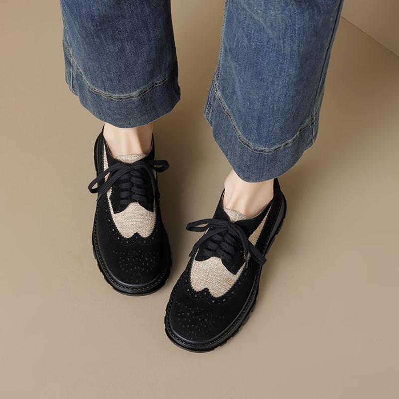 Fashion NEW Spring/Autumn Women Loafers Round Toe Chunky Heel Shoes Cow Suede Leather Shoes Women Lace-up Women Pumps Black Brogue Shoes