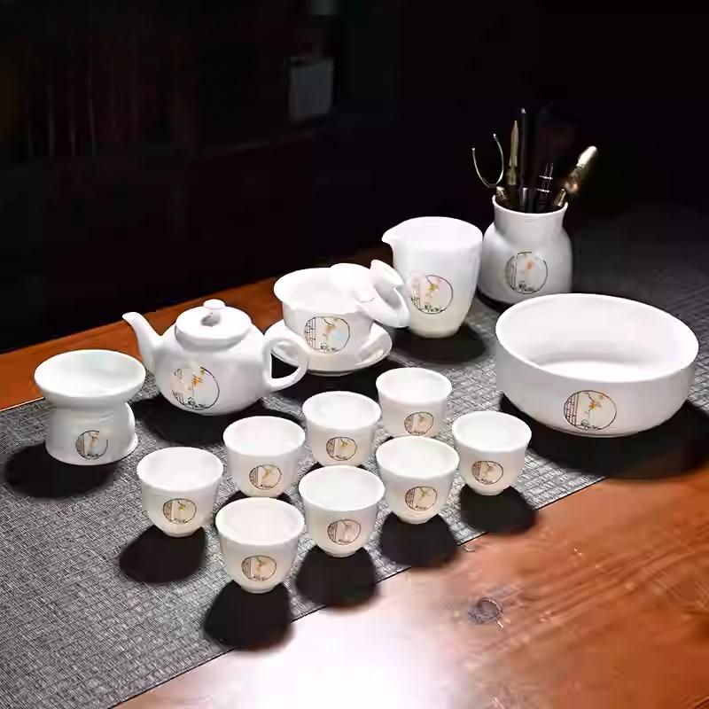 Goat Jade Tea Set Kung Fu Set Chinese Light Luxury Tea Calendars Teacups Office White Porcelain Teapot Covered Bowl Set