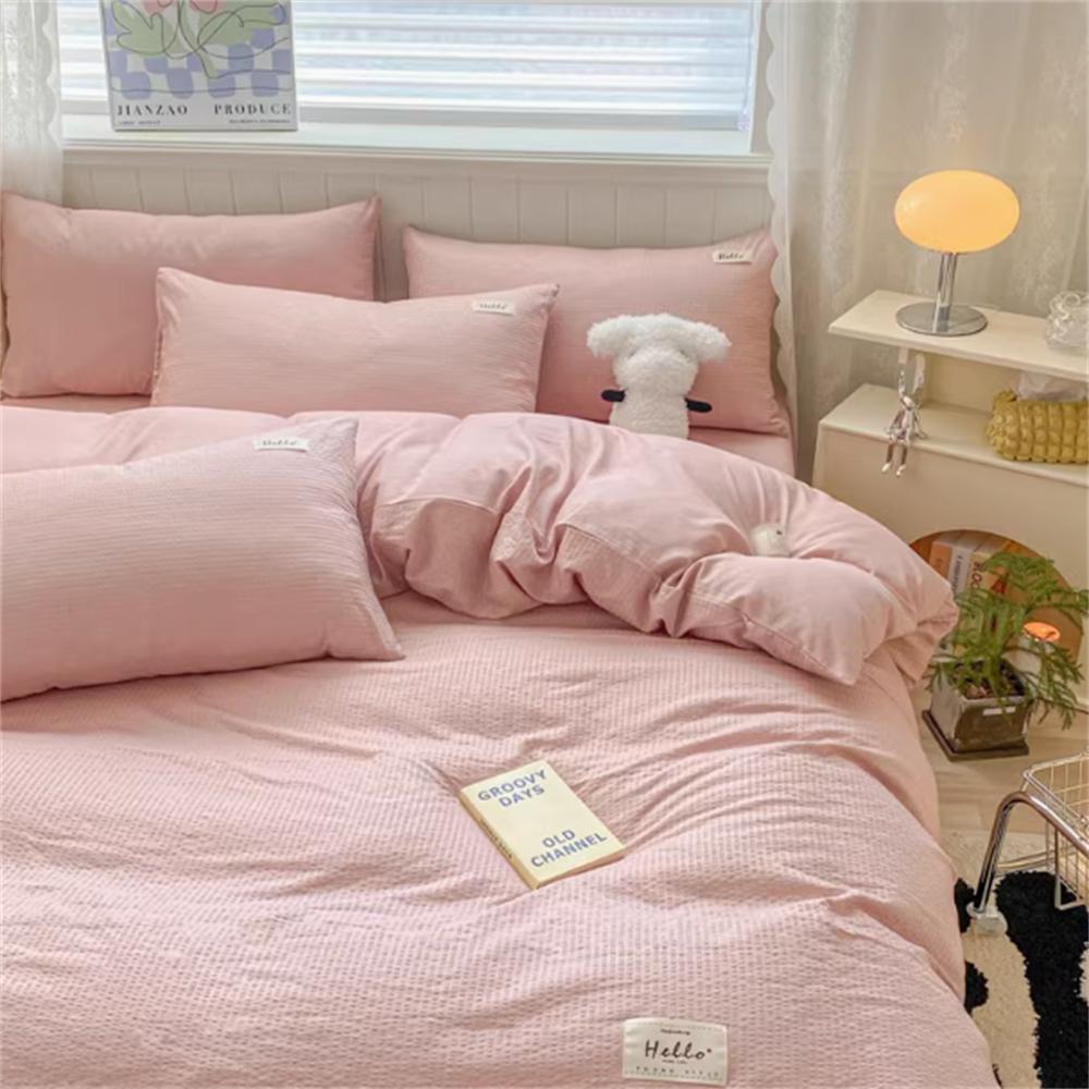 Waffle Washed Cotton Four Piece Set, Non All Cotton Bedding, Pure Cotton Bedding, Student Dormitory Bed Sheets Duvet Cover Set