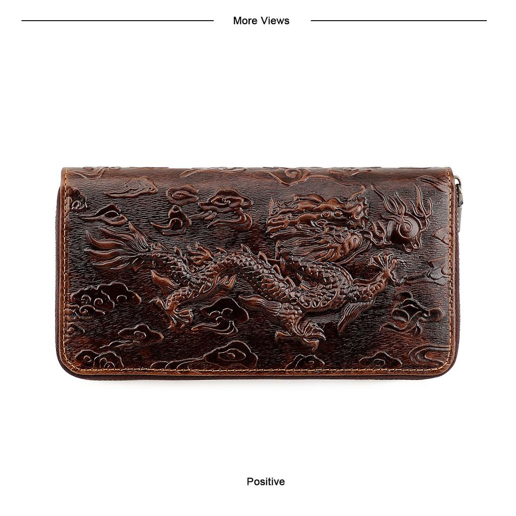 BISON DENIM Vintage 3D Print Genuine Leather Men Wallet Tiger Dragon Long Zipper Card Holder Wallet