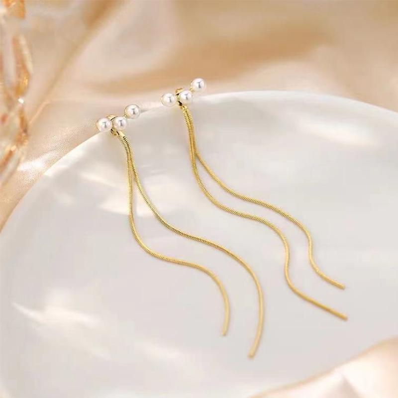 New Gold Color Long Pearl Tassel Dangle Earrings For Women Wedding Drop Earring Fashion Jewelry Gifts