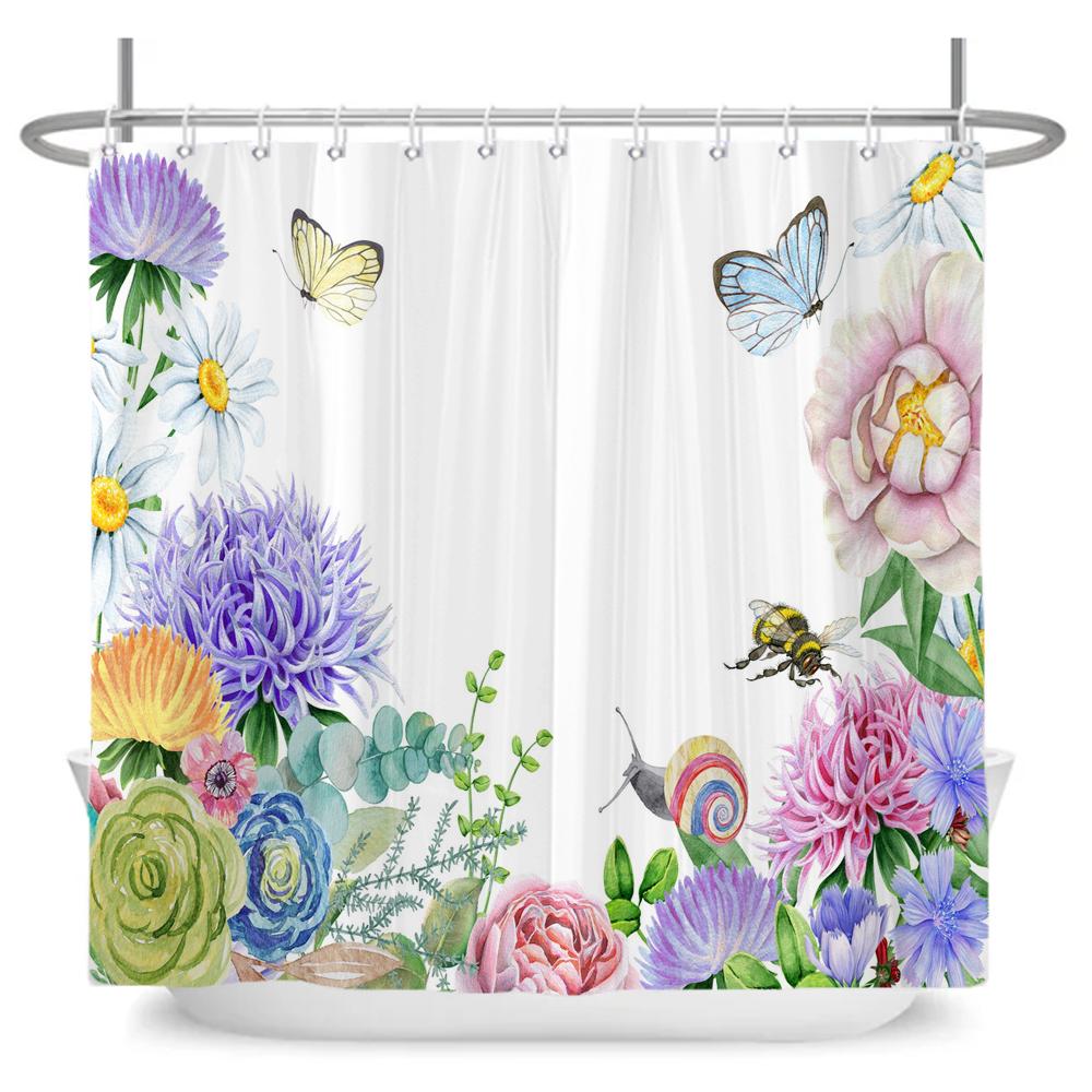 Plants Flower Shower Curtains Butterflies Bathroom Bathtub Decoration Waterproof Polyester Bath Curtain Home Decor with Hooks