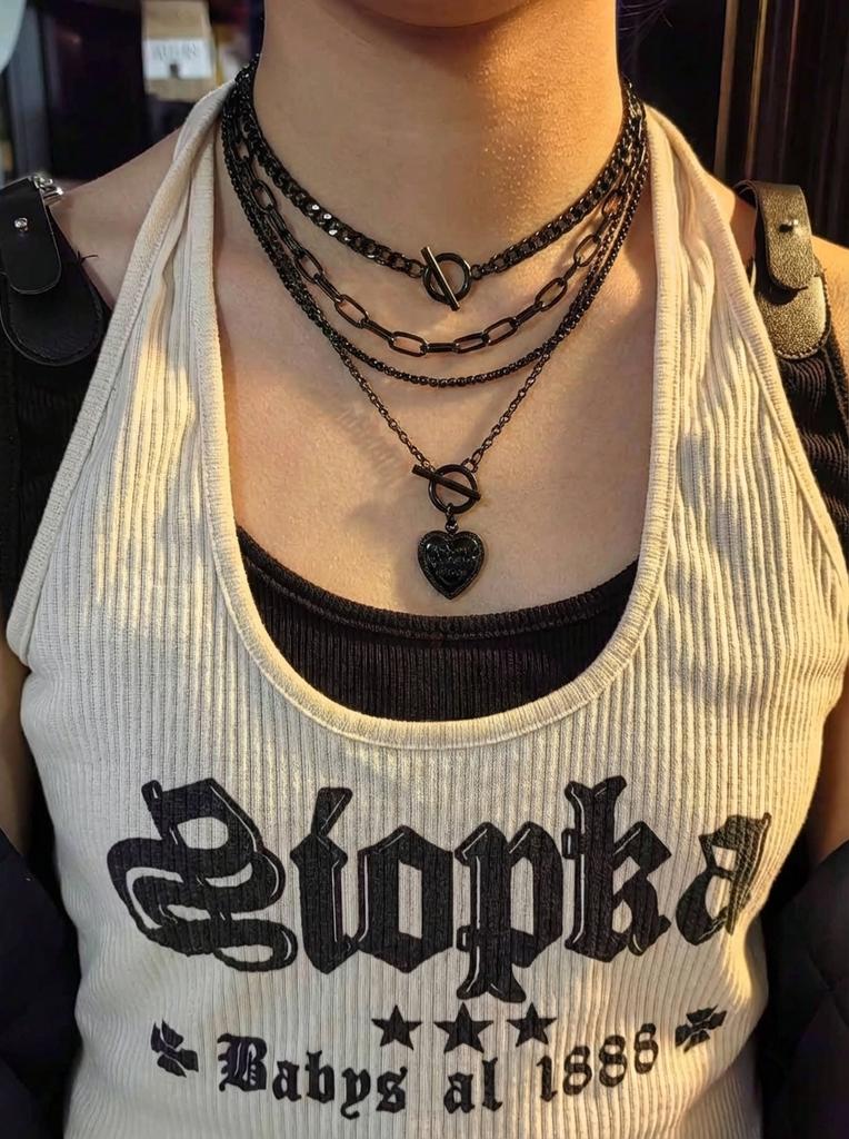 4 szt./zestaw Gotycki Punk Czarny Serce Gwiazda Frędzle Wisiorek Choker Naszyjnik dla Kobiet Vintage Metalowy Gruby Łańcuch Akcesoria Biżuteria Y2K
