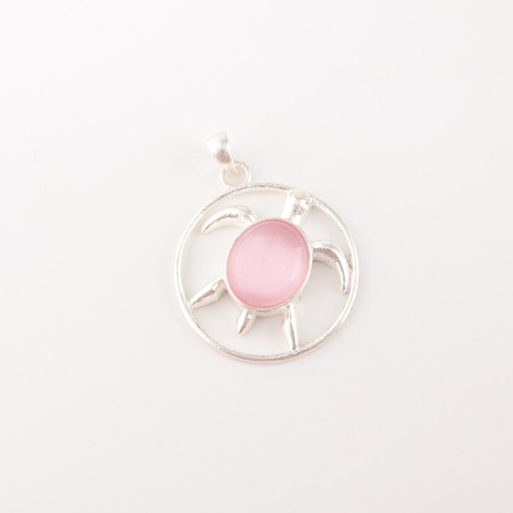 Pink Cat's Eye Gemstone 925 Stamped Silver Jewelry Handmade Pendant Gift For Her CP-2-43