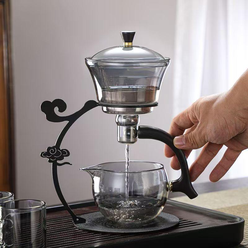 Xiangyun Transparent Black Glass Teaware Sets Heat-resistant Lazy Chinese Living Room Automatic Iron Base Tea Maker Set