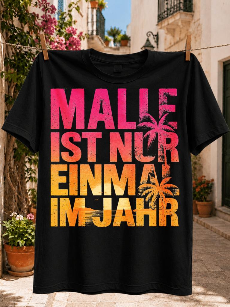 Malle Is Only Once a Year GerUnisex Graphic Pink Orange Sunset Lettering with Palm Silhouettes Island Unisex All TShirt