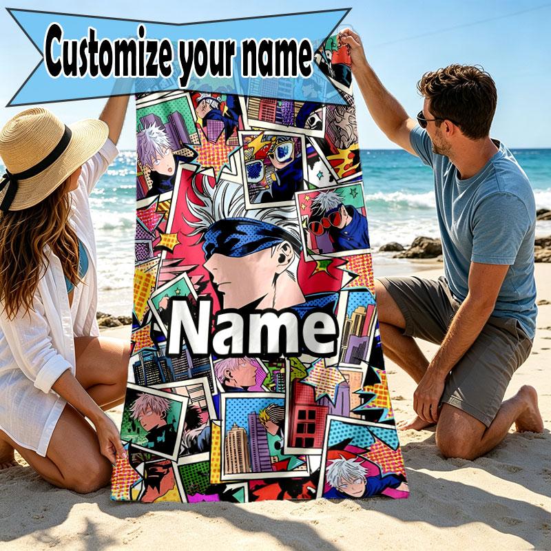 Custom Name Personalized Jujutsu Kaisen Print Beach Towel, for Trip Camping Beach Party Home Decor, Birthday Gift for Family & Friends