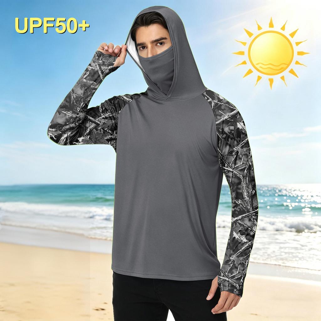 Men's Casual Outdoor Camouflage Print Hoodie Long Sleeve Sun Protection Shirt Lightweight Quick Dry Breathable Fabric for Hiking Fishing