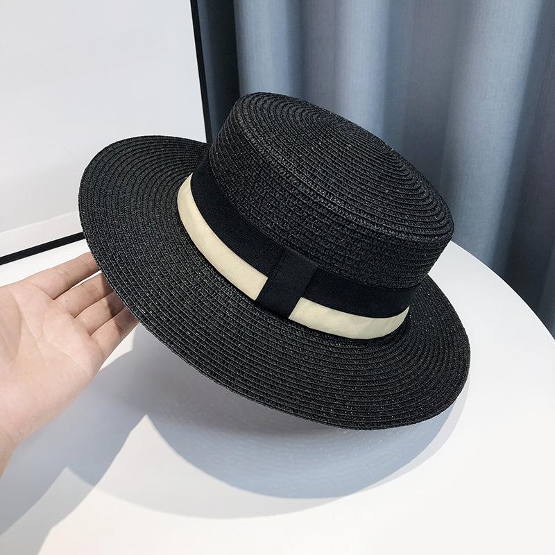 

Плетеная соломенная шляпа с плоским верхом - защита от ультрафиолета, летний стиль для отпуска с буквенным логотипом для мужчин и женщин ONE SIZE чёрный