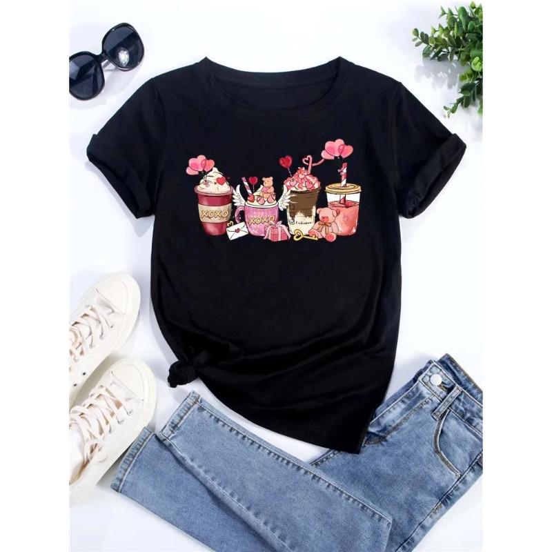 

Летний топ с круглым вырезом и 3D-принтом кофейной чашки, модная повседневная женская футболка с короткими рукавами XS
