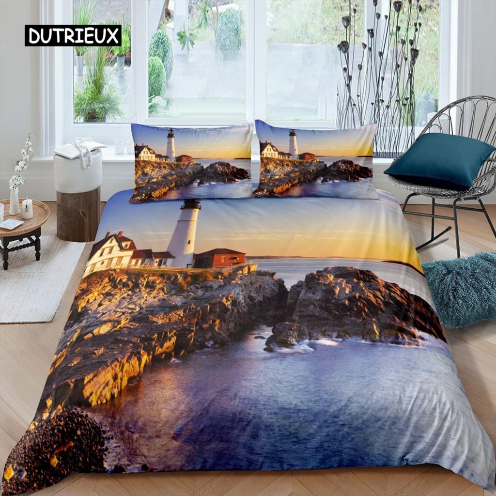 Lighthouse Duvet Cover Set Nautical Surfing Ocean Wave Bedding Set Queen Polyester Coastal Nature Theme Quilt Cover for Kids Boy