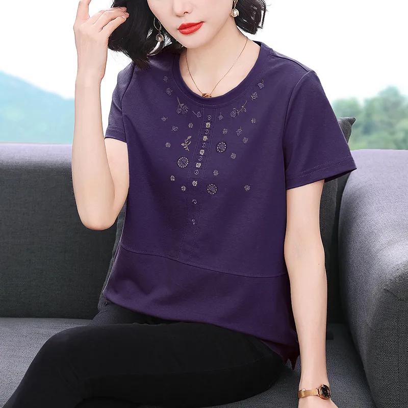 Short Sleeved Summer Clothing New Women's Round Neck Loose Slimming Casual Embroidered Short Sleeved All Match T-shirt