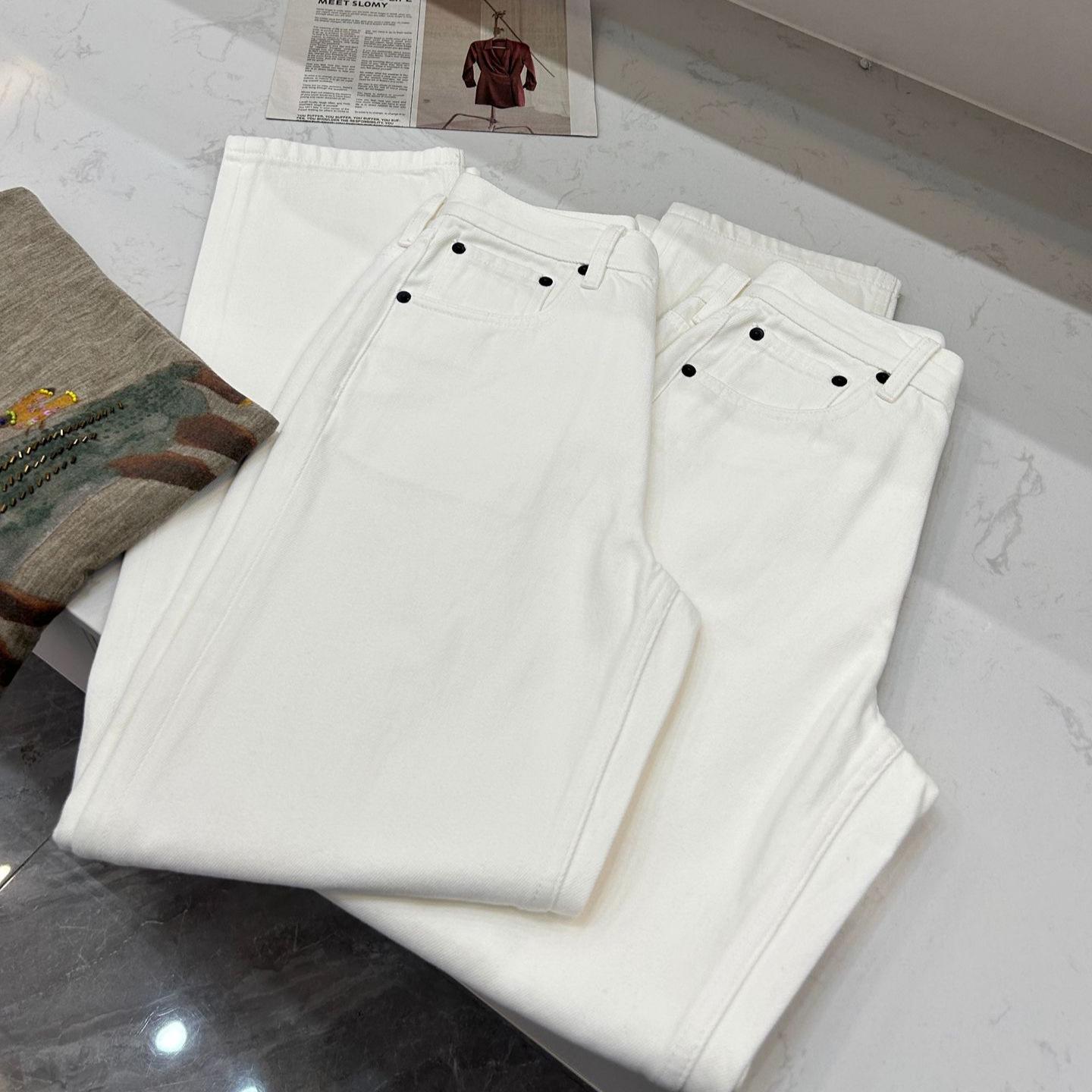 In Stock: Elegant Slimming High-Waisted White Pima Cotton Straight-Leg Jeans Extra Small