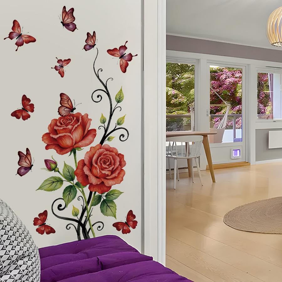 Romantic Vintage Red Rose Butterfly Wall Stickers, Self-Adhesive Decor for Living Room Bedroom Wall Decoration
