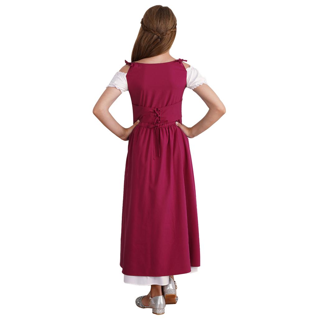 Girls Medieval Renaissance Costume Square Neck Short Sleeve Lace Up High Waist Ruffle Dress Halloween Fancy Dress