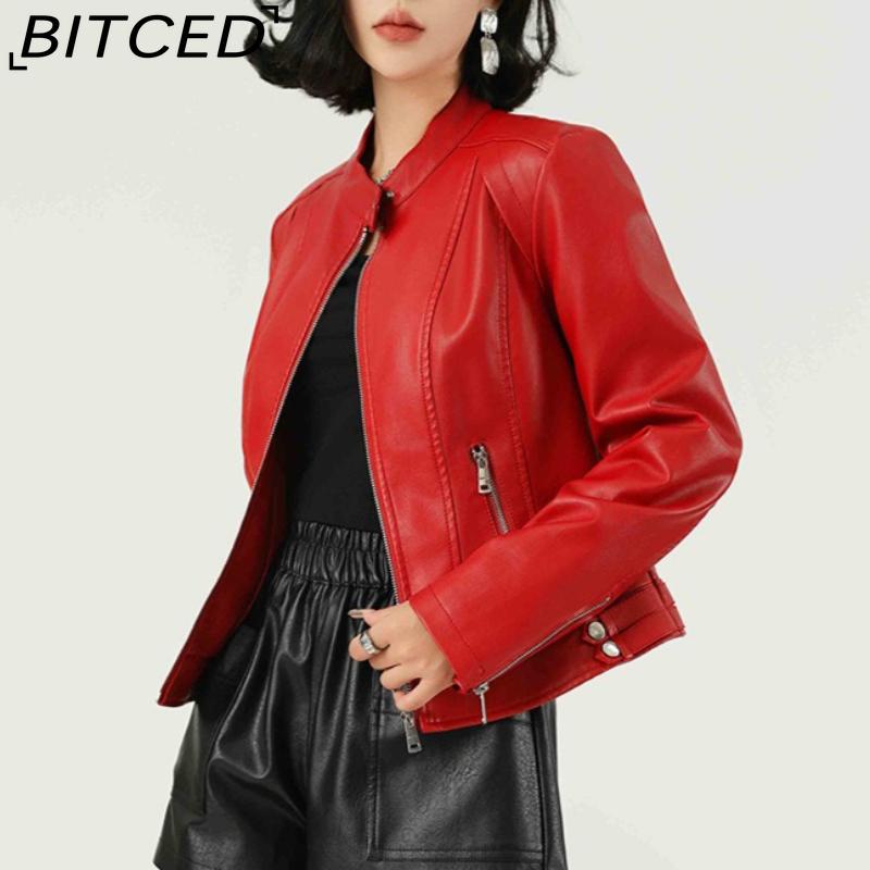 Fashionable Women's PU Leather Jacket, Stand Collar, Lightweight Spring/Autumn Style, Red Leather Jacket
