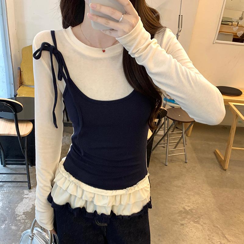 

1 * 1 thread 260g, Korean long-sleeved t-shirt women s 2025 autumn new fake two-piece bottoming shirt crew neck top L Темно-синій