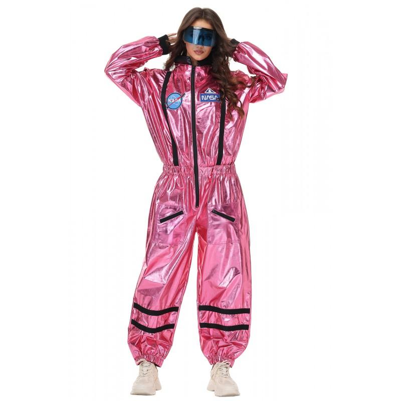 Adult Pink Shiny Jumpsuit Astronaut Costume Halloween Cosplay Party Outfit