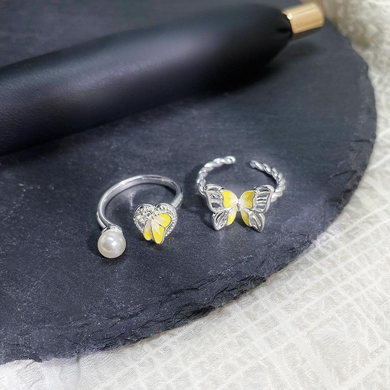 Butterfly Opening Ring Yellow Enamel Bow Light Luxury High Sense Unique Artistic Sense Student Party Ring
