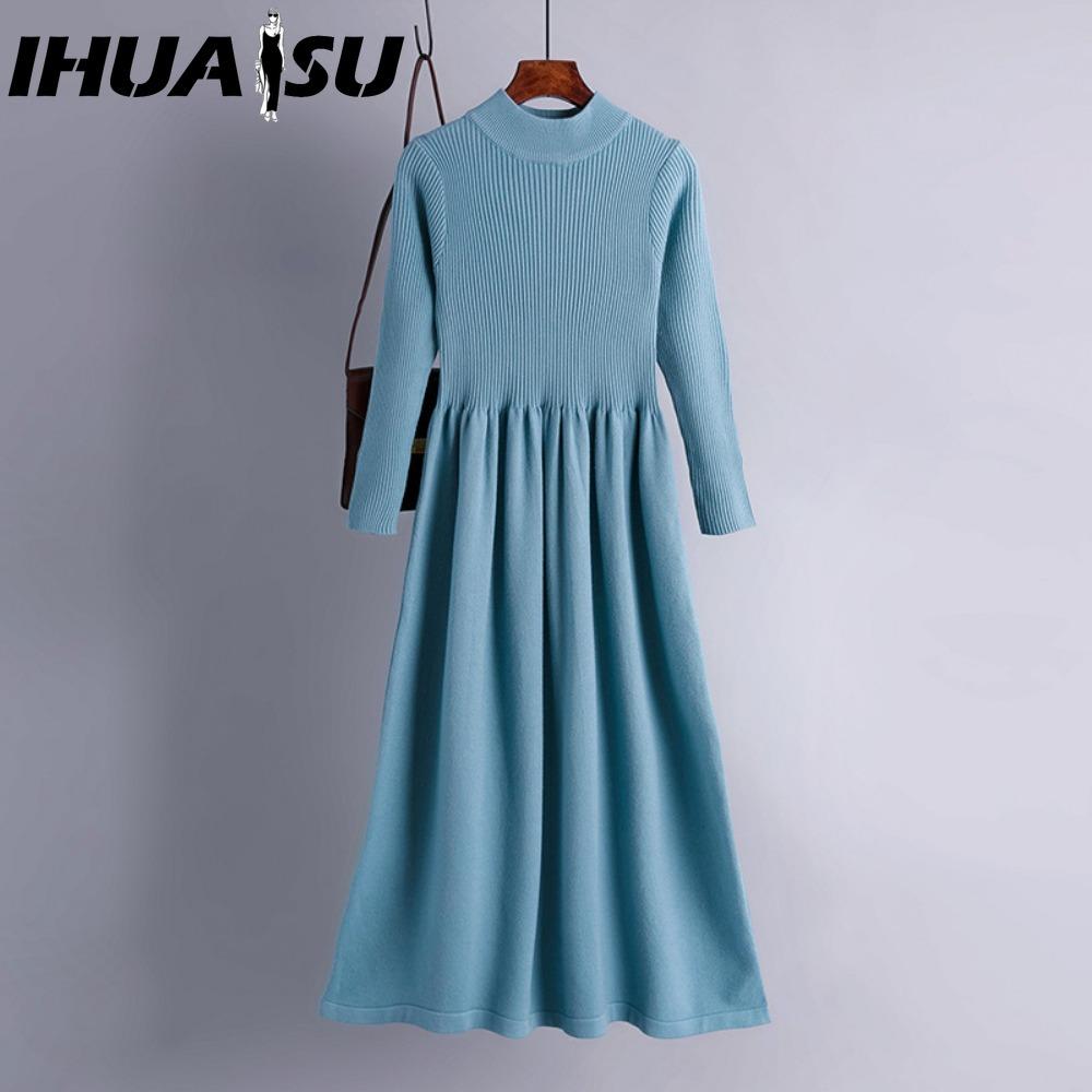 

IHUASU Женская мода весна осень однотонный принт с длинным рукавом и высокой талией повседневные платья one size синий