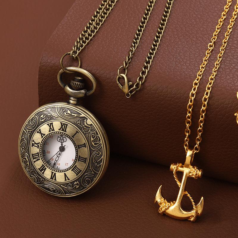 

2 шт./комплект, мужские карманные часы, ретро-модные медные кварцевые карманные часы с ажурным ремешком и 1 шт. винтажное золотое ожерелье, и День святого Валентина, идеально подходят для подарков