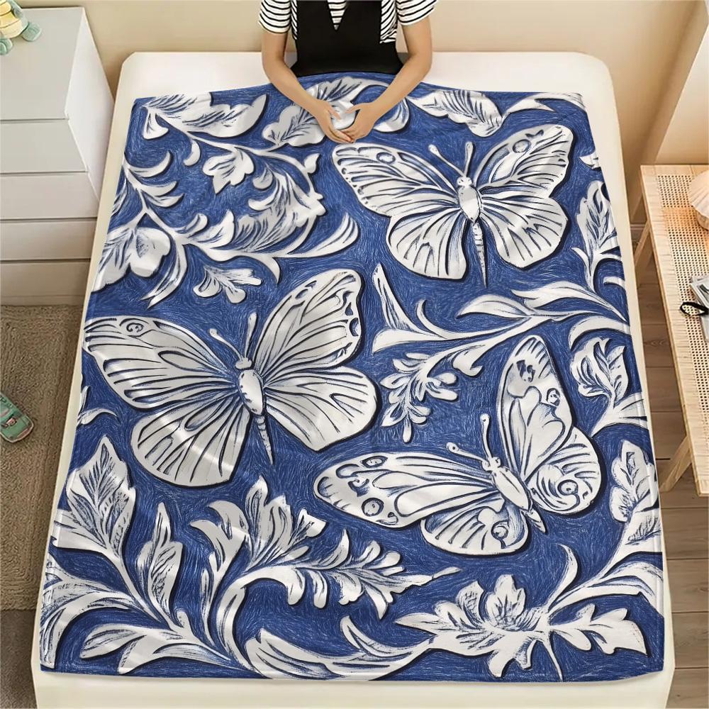 Blue and White Butterflies Print Flannel Blanket, High quality Comfortable for All Seasons, Home Decor, Warmth and Comfort