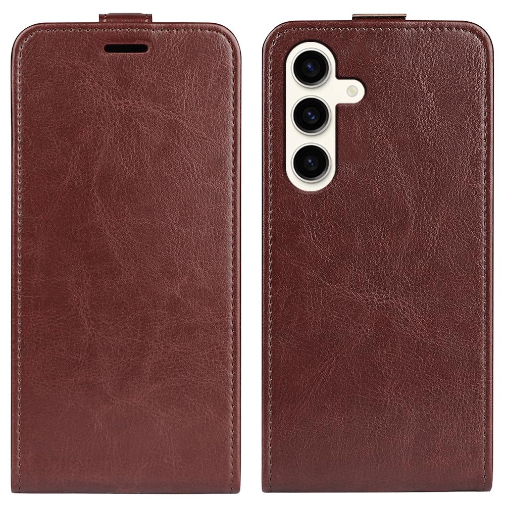 

For Samsung Galaxy S24+ Case PU Leather Vertical Flip Phone Cover Brown