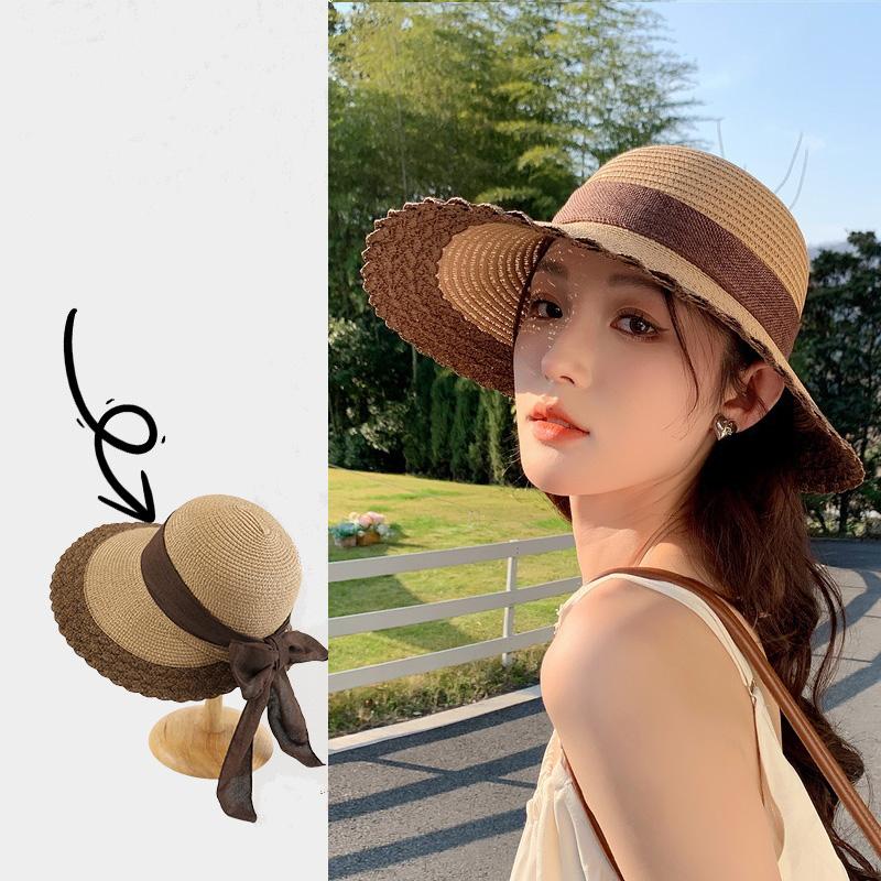 Panama Sunscreen Foldable Woven Grass Women Hat Straw Bowknot Brim Wide Summer Caps Female Outdoor Beach Travel Fishermen Hat Trendy Fashionable