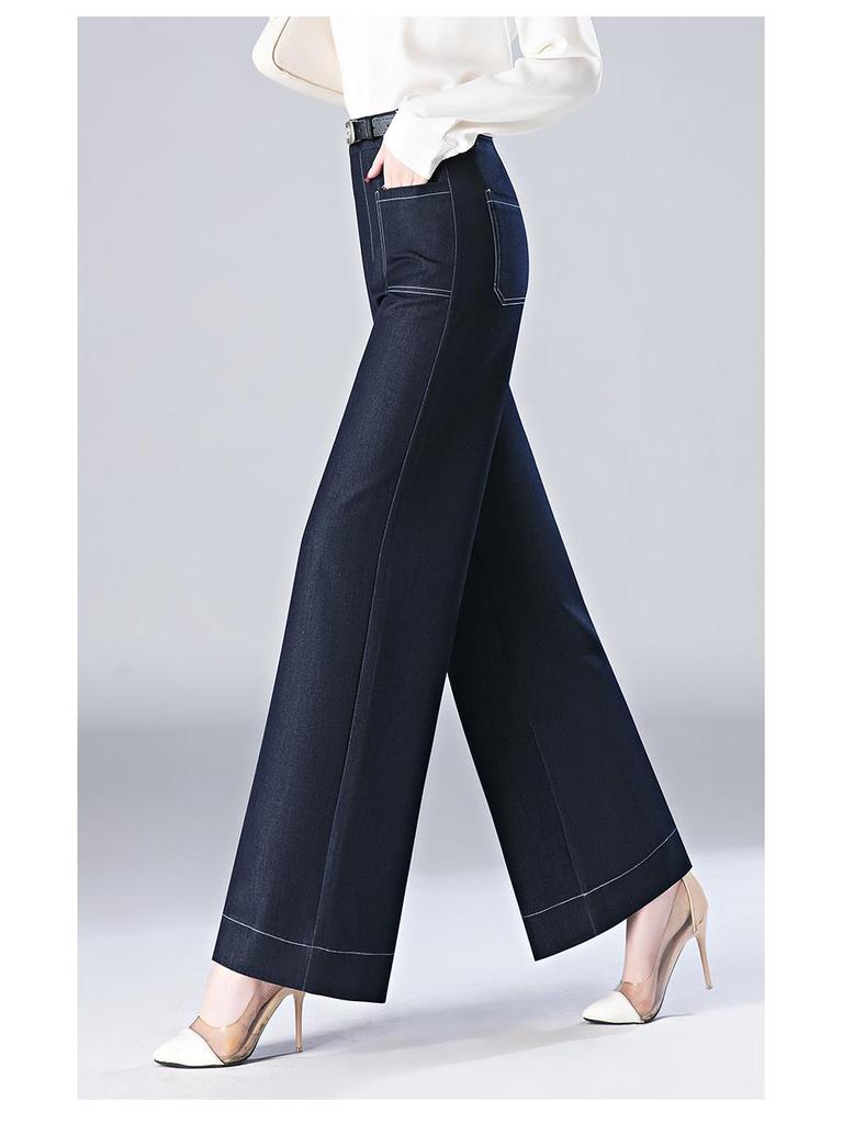 Spring 2025 Women's High-Waist Wide-Leg Denim Trousers - Slim Fit, Drape, Straight-Leg Design for Mature Styles