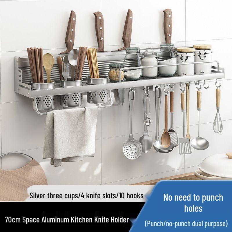 Punch-Free Aluminum Kitchen Wall Organizer: Multifunctional Rack for Utensils, Knives, Seasonings, and Chopsticks